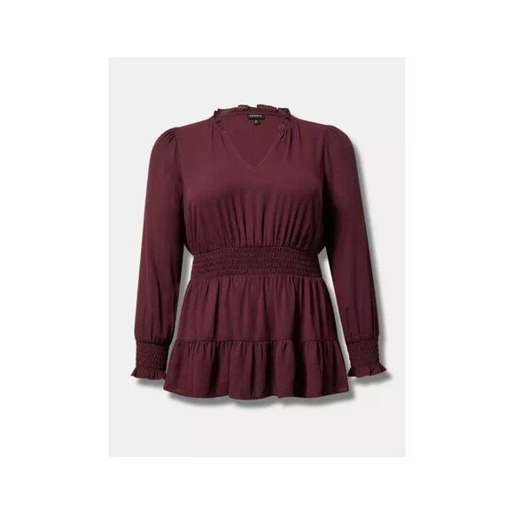torrid Tops - Nearly New Torrid Ruffle Georgette Long Sleeve Tunic Blouse in Winetasting Sz 3x